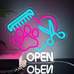 Pet Grooming Open Neon Sign for Salon Window, Storefront, Pet Shop, or Vets Office - Bright LED Wall Light with Paw Print, Comb & Scissors - Eye-Catching Business Decor