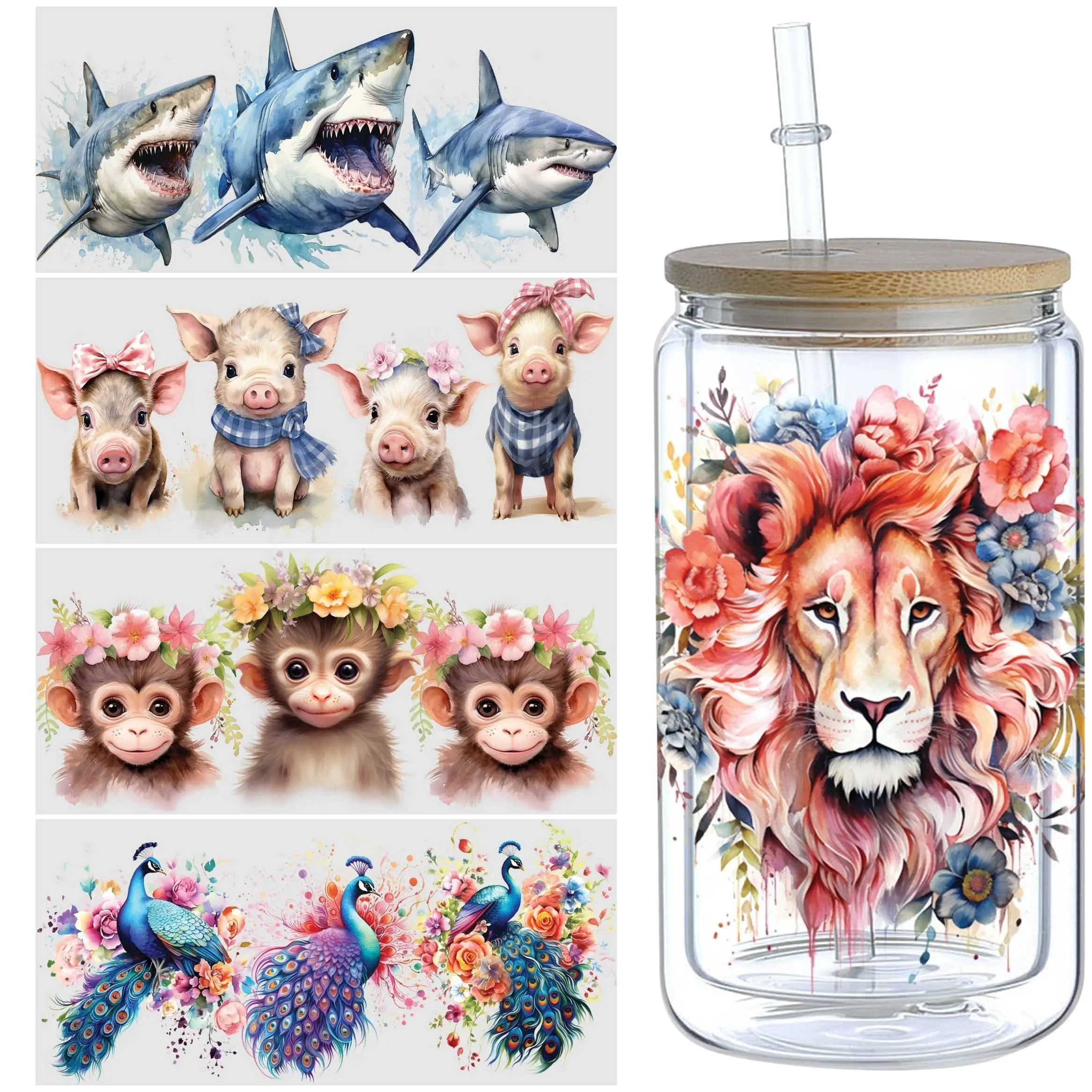 5 Sheets Monkey Lion Shark Pig Peacock Animal UV DTF Glass Cup Packaging Transfer Stickers, Sticker Set, Includes Sticker, UV DTF Craft Transfer Stickers, Wipe-On Transfer Stickers for 16oz Glass, Cups, Crafts, Furniture