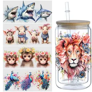 5 Sheets Monkey Lion Shark Pig Peacock Animal UV DTF Glass Cup Packaging Transfer Stickers, Sticker Set, UV DTF Craft Transfer Stickers, Wipe-On Transfer Stickers for 16oz Glass, Cups, Crafts, Furniture