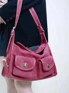 Pink Retro Artistic Pillow Bag - Vintage Gold-Plated Lock Wide Strap Multi-Pocket Large Crossbody & Single Shoulder Haversack