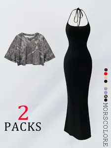 Women's Camo Print, Camo Print Crop Tee & Bodycon Maxi Dress, Casual Fashion Cozy Breathable for Daily Wear, Ladies Clothes for Summer Outfit