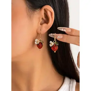 Cute Strawberry Design Dangle Earrings for Women & Girls, Fashion Floral Drop Earrings, Cute Summer Jewelry Accessories, Fruit Veggie Earrings