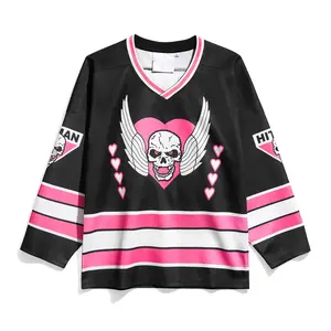 Hart Foundation Retro Hockey Jersey Black All over Print V-neck Long Sleeves
