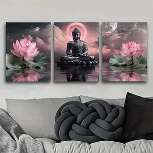 3pcs High Quality And Affordable Serene Tri- Panel Buddha And Lotus Canvas Wall Art, a Must-Have for Home Decoration, Bedroom And Living Room, Can Be Hung Directly in The Living Room, Bedroom, Office, Perfect Holiday Gift. Frameless