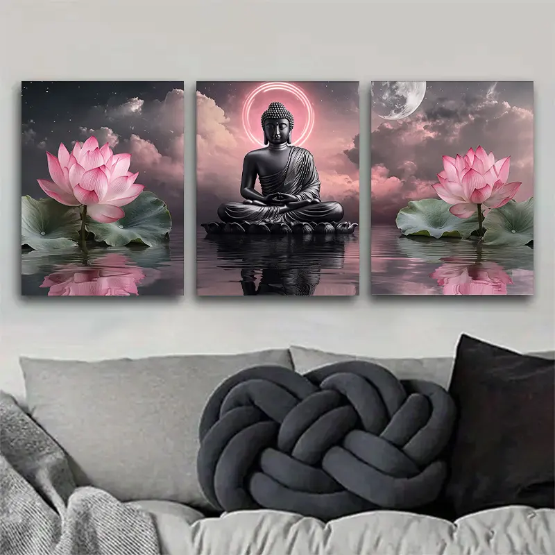 3pcs Frameless Serene Tri-Panel Buddha and Lotus Canvas Wall Art - High-Quality, Affordable Anime-Infused Hangable Posters & Prints, Home Decor for Living Room, Ideal Holiday Gift, Decorative