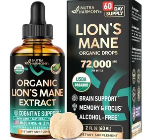 Lions Mane Liquid - USDA Certified Organic Lions Mane Supplement - Brain Support, Energy, Memory & Focus - Sugar & Alcohol-Free Lion's Mane Mushroom Extract 72,000 mg / Bottle, 2 Fl OZ, 2 Month Supply