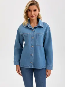 INSPIRE CHIC Women's Oversized Denim Jacket Casual Patch Pocket Fall Utility Jean Jackets
