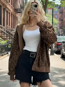 Women'S Leopard Print Hooded Zip-Up Jacket - Lightweight Casual Outerwear with Front Pockets, Spring/Summer Fashion Coat for Daily Wear & Parties, Stylish Animal Print Design, Party Attire, Durable Fabric, Summer Outfit, Trendy Coat, Comfortable Fit, Fas