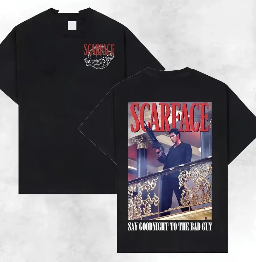 Graphic T-Shirt Vintage Scarface “Bad Guy” Quote Shirt, Classic Movie Graphic Tee, Retro Scarface Film Fan T-Shirt, 100% Cotton Oversized Short Sleeve Streetwear Shirt, Unisex Casual Top for Men Women, Vintage Cinema Style Gift, Trendy Everyday Wear
