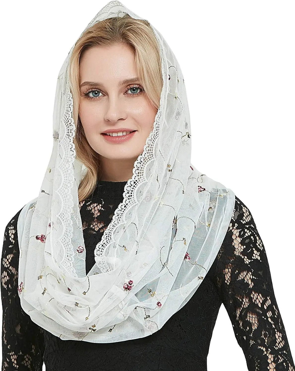 Orthodox Veil Head Covering with Embroidered Flowers Catholic Chapel Mantilla veil V50