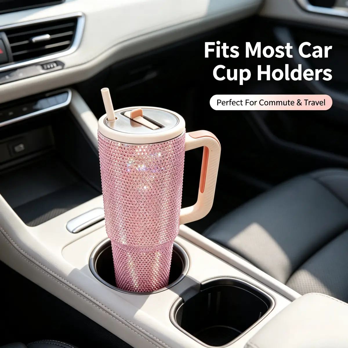 40oz Pink Rhinestone Stainless Steel Insulated Tumbler - Detachable Handle, Straw, Lightweight Leakproof Car Cup, Glam Novelty Aesthetic Women's/Girl's Water Bottle, Ideal Birthday/Valentine’s Day Gift (Car Interior Stowing Accessory) Stylish Insulation