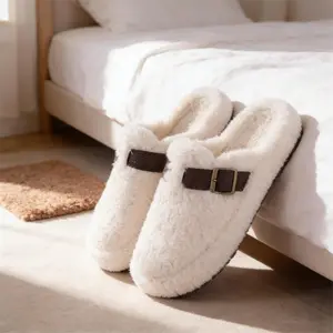 Elegant Strap Detail Plush Slippers | Minimalist Home Footwear for Women | Clean and Cozy Design