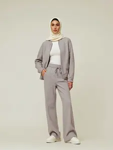 Modest Two-Piece Women's Solid Color Zip Jacket and Drawstring Pocket Pants, Comfortable Breathable Casual for All Seasons,Airport Outfit