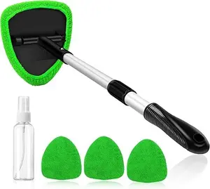 Windshield cleaning tools, car interior cleaning kit (with extendable handle and 4 reusable microfiber pads), car glass wiper brush set (for cars), 15.9 inches - 21 inches