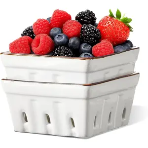 Ceramic Berry Basket Square Fruit Bowls with Holes Berry Bowl Colander Fruit Basket for Kitchen Decor - 5.8" Berry Containers for Fridge, Set of 2, Cream White