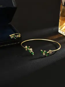 Elegant Copper Zircon Leaf Bracelet Ring Set, Summer Dating Jewelry Accessories, Unique Fresh Design, Perfect Daily Wear, Fashion Jewelry Set, Fashionable Jewelry Set