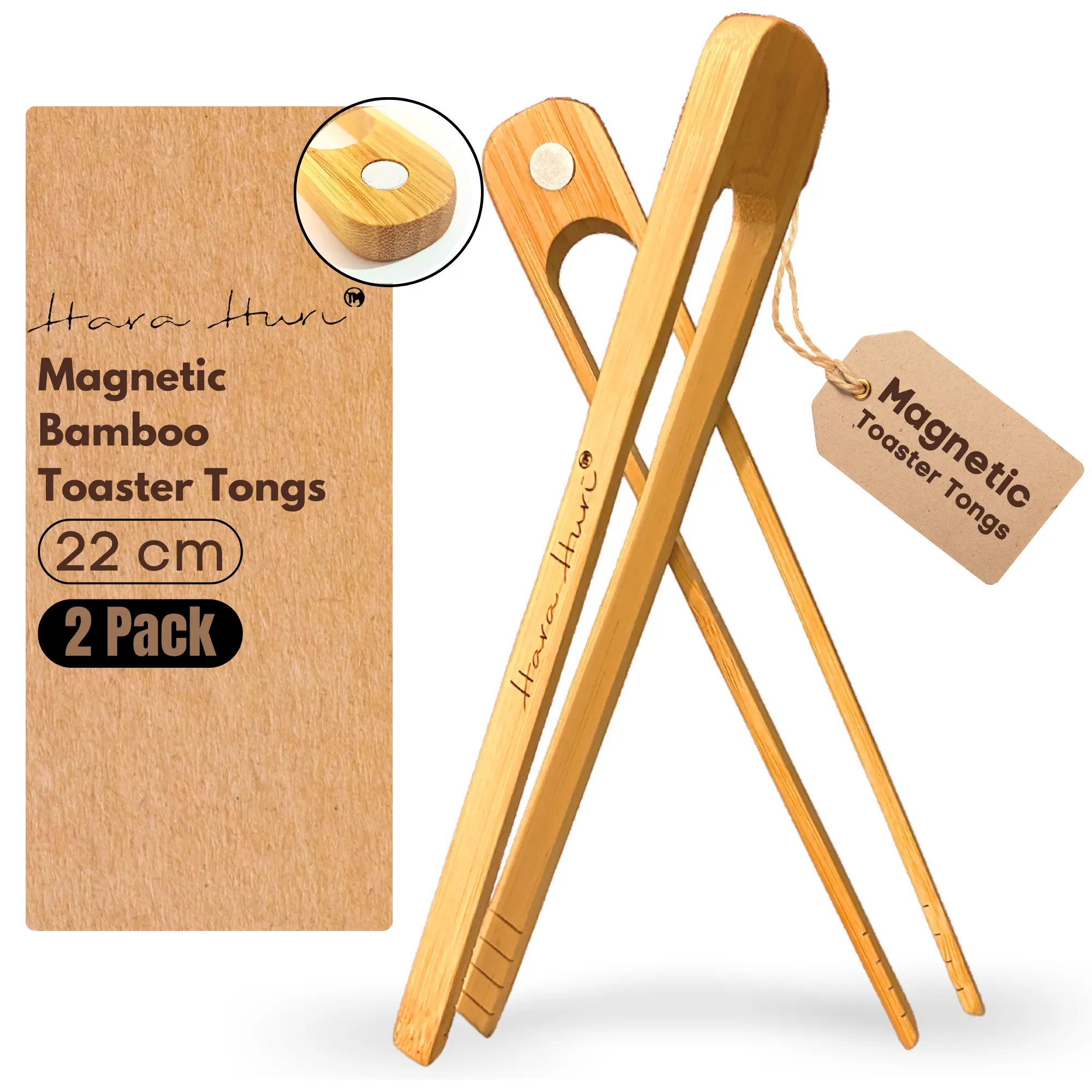 Magnetic Bamboo Toaster Tongs - 2 Pcs 8.7" Reusable Heat Resistant wooden toast tongs with magnet for cooking - HaraHuri