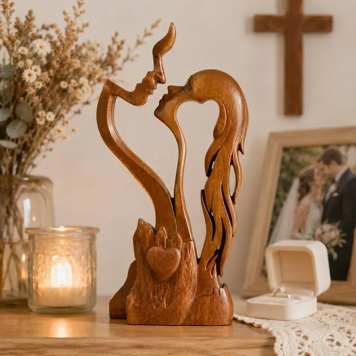 Hand-Carved Christian Love Wooden Couple Statue - Multi-Size Handcrafted Home Furnishings and Pendants, Home Decor, Bedroom Decor for Wedding Gift