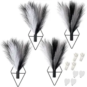 4 Sets Boho Wall Decor Metal Wall Art  Planters with Artificial Pampas Display Modern  Vase for Bedroom  Office(Understated,Black,White,Light Gray)