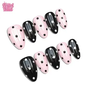 Polka Bow Handmade Press-On Nails, Nail Art Design, Short Oval Shape, 10pcs, Retro Pink Black Design, Polka Dot Pattern & 3D Bow & High Gloss Accents, Reusable DIY Nail Kit for Women, Nails for Spring, Summer, Dates & Daily Wear, Y2K