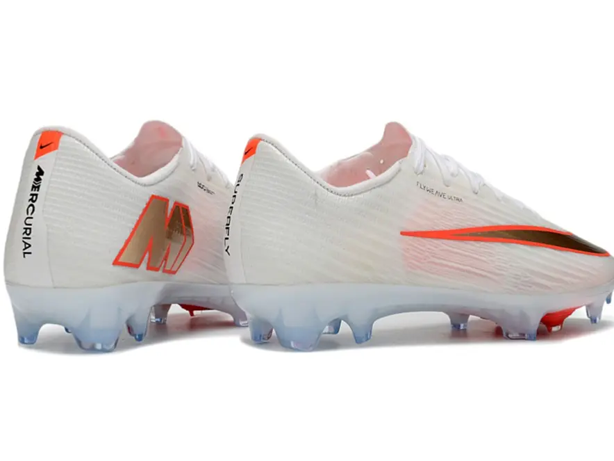 Men Low‑Cut FG Soccer Cleats,Cream White Orange‑Gold Flyknit Upper Football Boots,Air Zoom Cushion Transparent Firm‑Ground Studs Professional Match Sports Footwear