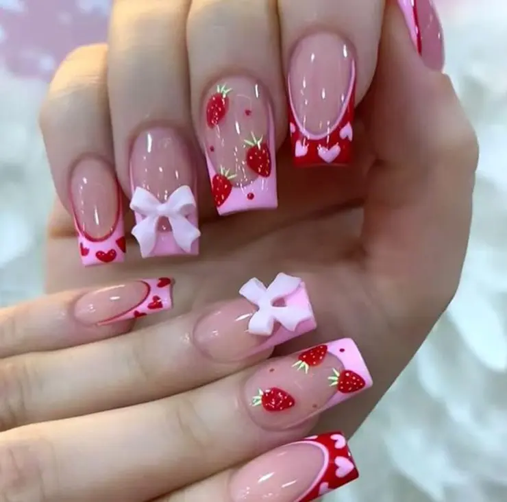 Strawberry Press On Nails: Short Square Pink Heart Bow Tie Design. Artificial Coffee Nails, Full Cover, Reusable Glue On, Valentine's French Style for Women
