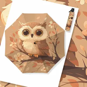 Cute Owl Automatic Rain Umbrella, Cartoon Illustration Dual-Use Sunny and Rainy, UV Protection Shade, Folding 8-Rib Design, Sunshade Umbrella
