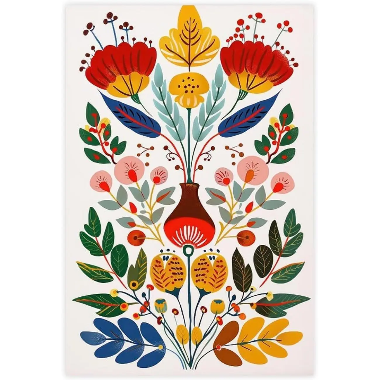 Colorful Nordic Floral Folk Art Poster, Illustration, Scandinavian Art, Norwegian Wall Art, Bedroom Living Room Unframe-style 12x18inch(30x45cm)