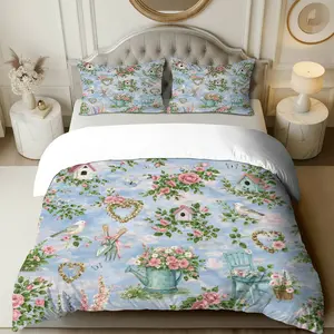 3PCS Duvet Cover Set, 1 Duvet+2 Pillowcases(Without filler), Floral Birdhouse Garden Romantic Nature theme, Spring bedding set, Floral Pattern Suitable for decoration Bedroom, Guest Room, Cottage, Country Home.