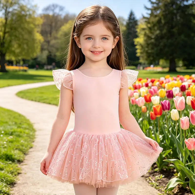Girls Pink Ballet Leotard Tutu Dress, Ruffle Fly Sleeves, Back Cut‑Out with Bow, Sparkle Sequin Tulle Skirt, Toddler Dance Costume for Ballet Class, Stage Performance & Birthday Party