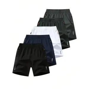 5Pcs Men's Sports Drawstring Shorts with Secure Zippered Pockets - Breathable and stylish polyester-polyester-blend for casual sports and everyday wear, casual solid color with a slight stretch, loose-fit woven shorts(Sheets)