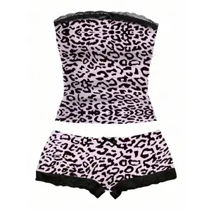 2pcs/Set Women Leopard Print Lace Splicing Camisole Top And Shorts Set
