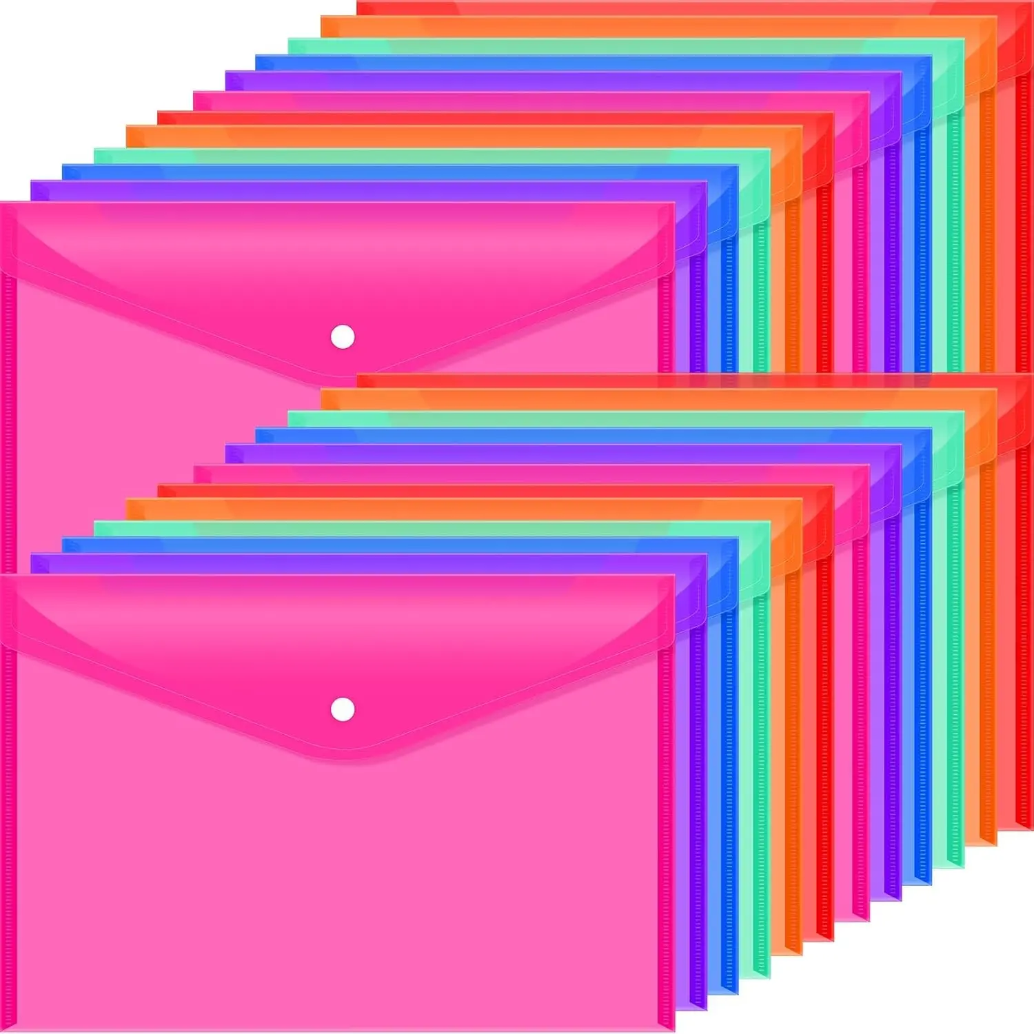 24 Plastic Filing Envelopes Snap Closure（6Color） | Clear document folders for letter A4 size files, snap button closure, poly folders for school and office supplies