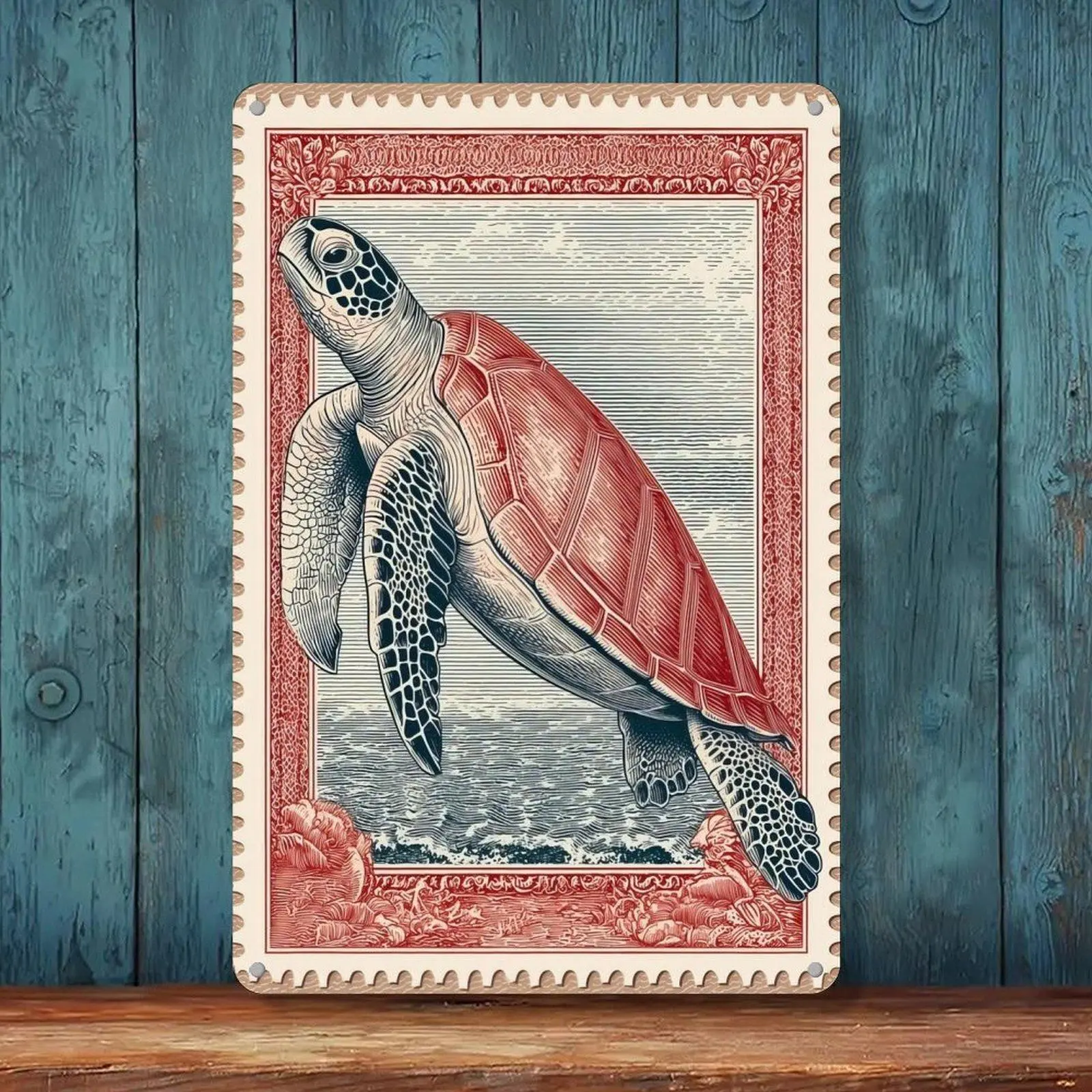 Vintage Stamp Style Sea Turtle Engraving Retro Tin Sign 8x12in Coastal Ocean Home Wall Decor Metal Tin Sign