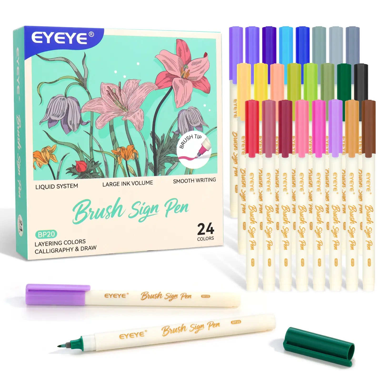 EYEYE BP20 Brush Tip Marker Pens 24 Assorted Vibrant Colors, Water-Based Flexible Smooth - Office Stationery for Calligraphy, Drawing & Gifts