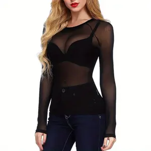 Solid Color Women's Sheer Long Sleeve Top, Mesh Fishnet Top, Sexy Sheer Mesh Blouse