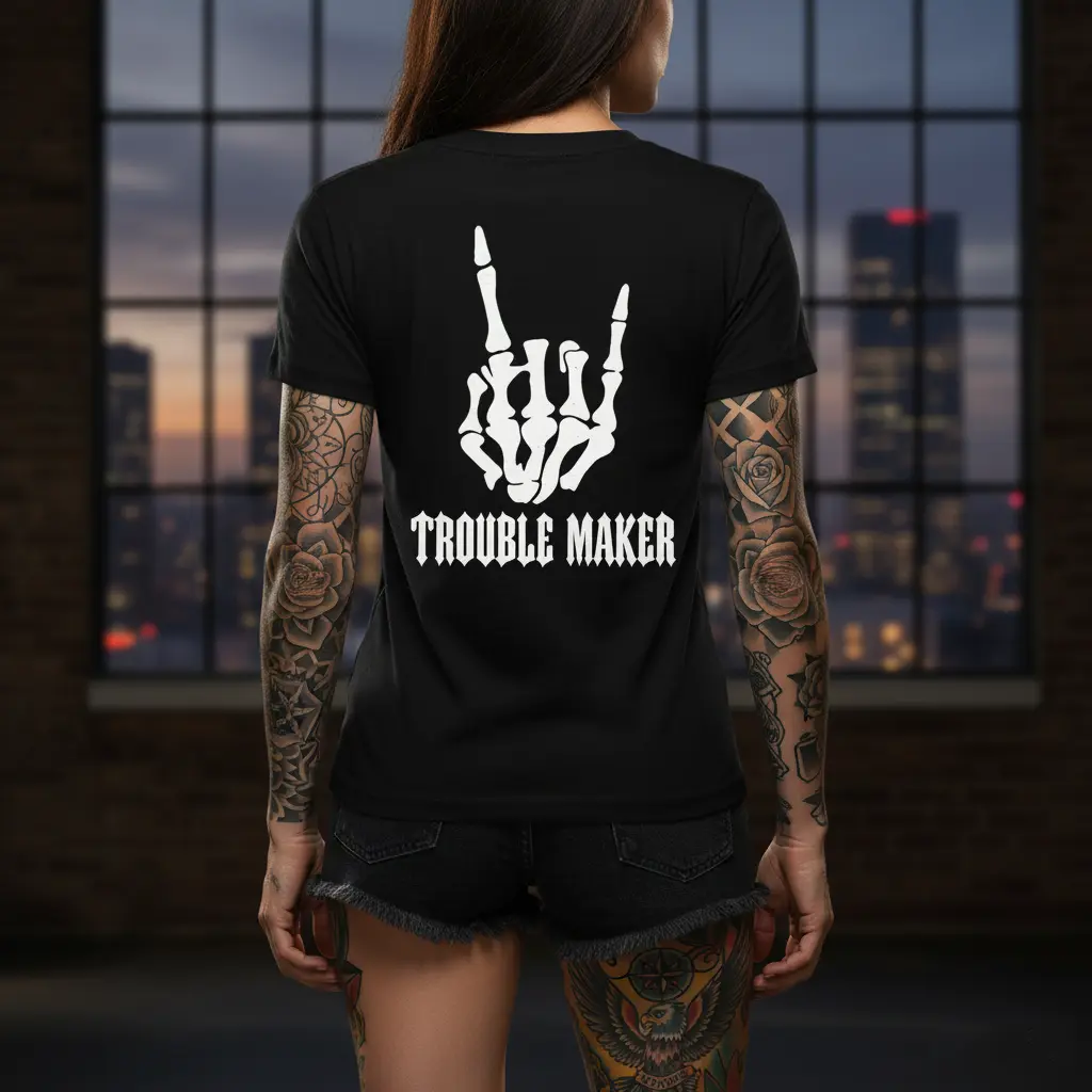 TROUBLE MAKER Bone Hand Print Women'stshirt , Aesthetic tatoomerch summer outfits, style, streetwear, Nuntop, vintage y2k graphic tees, Mother day