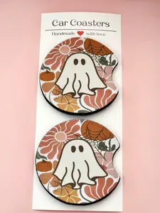 Boho Ghost Car Coasters - High Quality Neoprene Material - Pack of 2 - Ink, Fabric