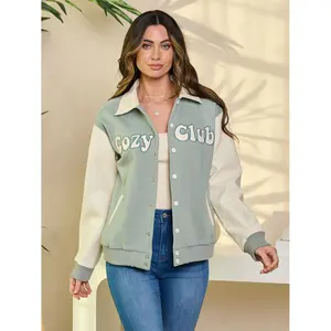 Women's Sage-Cream Pleather Jacket, 'Cozy Club' Letter Graphic
