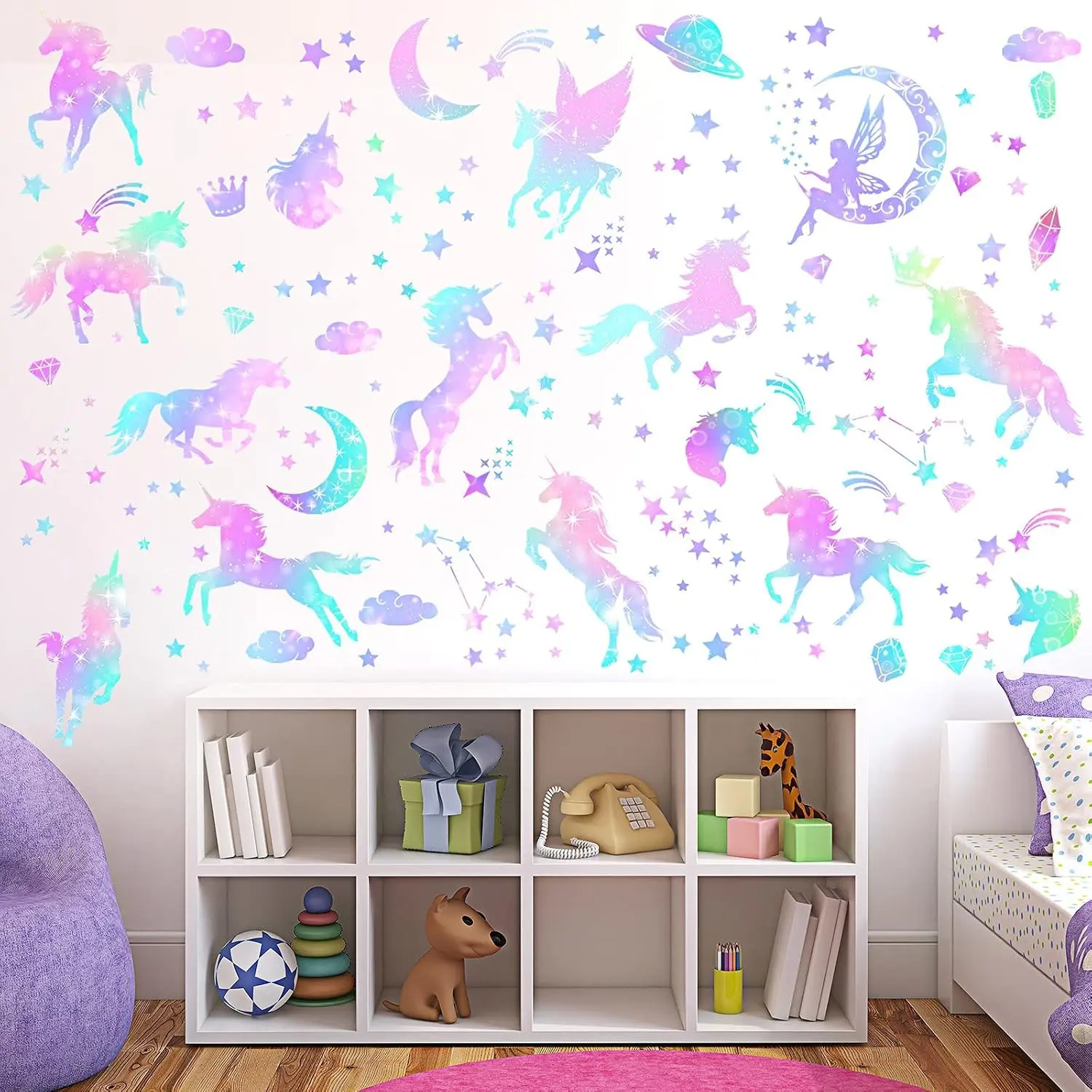 4 Sheets of Unicorn Peel and Stick Wall Decal Glitter Unicorn and Fairy Wall Stickers Cartoon Wall Decals Removable DIY for Bedroom Playroom Living Room Decor