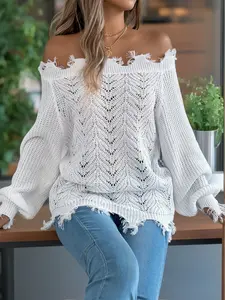 Women's Plain Hollow Out Off Shoulder Sweater Tops, Casual Long Sleeve Raw Hem Jumper for Fall & Winter, Fashion Ladies' Knitwear for Daily Wear