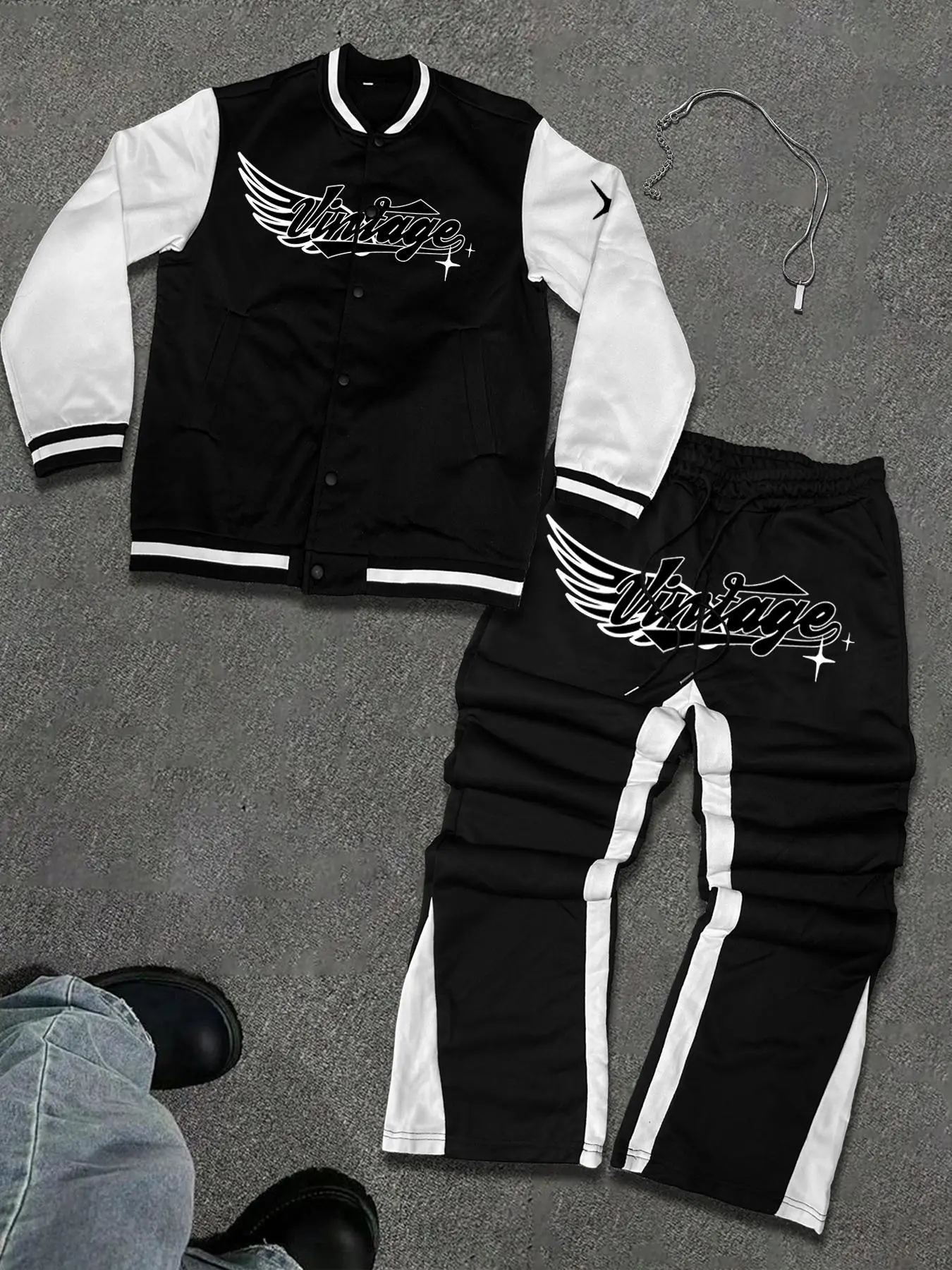 Men's Letter Print Button Front Varsity Jacket & Colorblock Drawstring Waist Sweatpants Two-Piece Set, Regular Fit Casual Long Sleeve Baseball Collar Outerwear & Flare Leg Pants for Daily Wear, Men's Two-piece Outfits for Fall & Winter