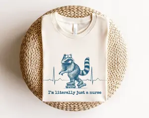 I'm Literally Just A Nurse Shirt, Retro Roller Skating Raccoon Vintage Nurse Graphic Tee, Funny Nurse Shirt Dark Humor Sarcastic Nurse Gift Fit Everyday