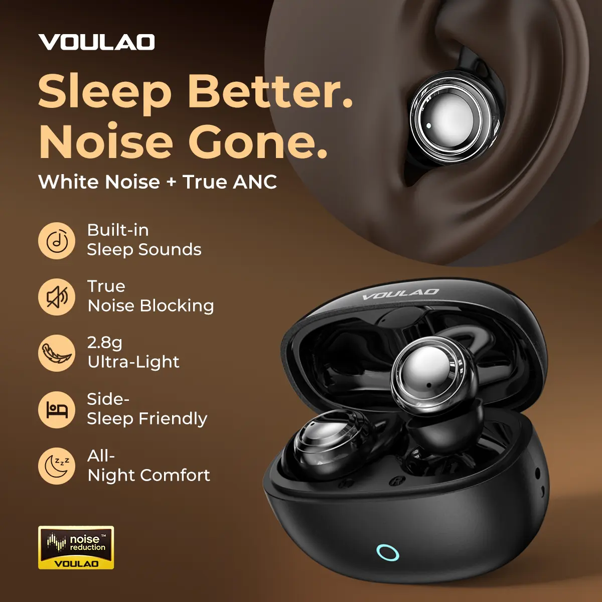 VOULAO Mini Sleeping Earbuds, ANC Noise Canceling Wireless Bluetooth Headphones,Built-in White Noise,with HD Mic,Comfort for Side Sleepers