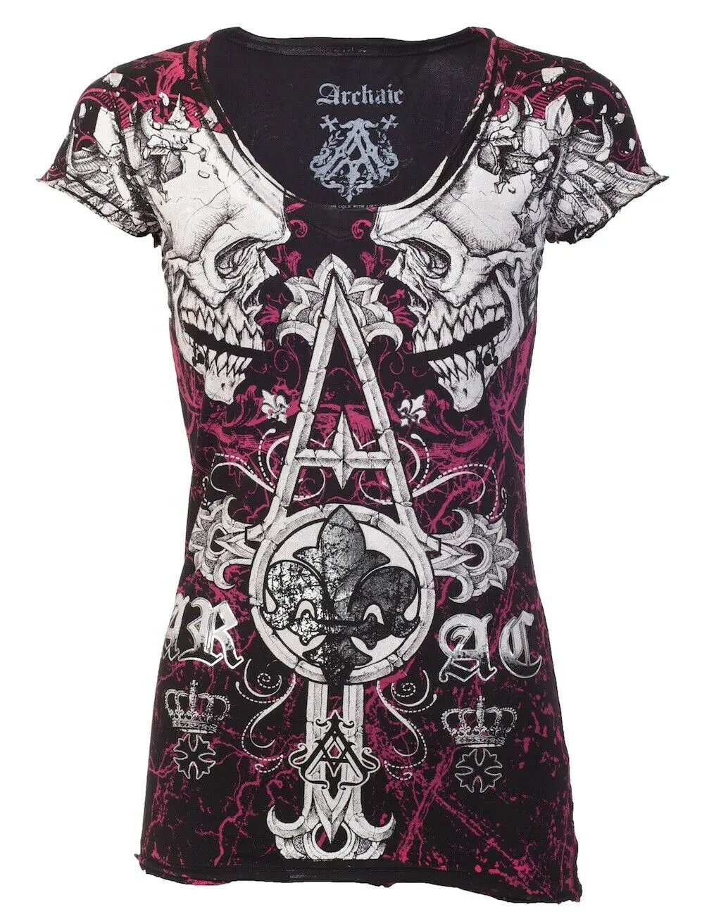ARCHAIC by AFFLICTION  Women's V-neck T-shirt Tall Tale Black Pink Slim Fit