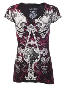 ARCHAIC by AFFLICTION  Women's V-neck T-shirt Tall Tale Black Pink Slim Fit