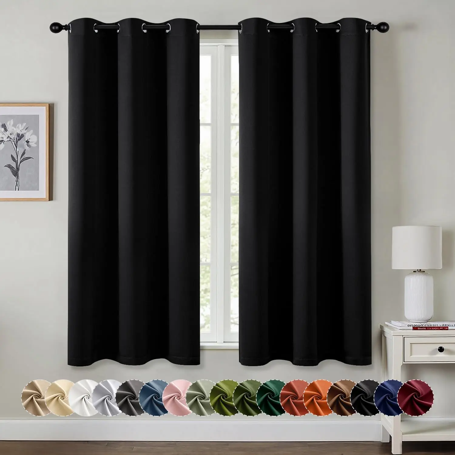 Blackout Curtains for Bedroom Living Room 2 Panels, Thermal Insulated Room Darkening Drapes Grommet Noise Reducing Light Blocking Window Treatments 63 Inches Long 40x63 Inch Black