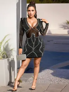 Sultry Sheer Mesh Dress, Sparkling Long Sleeve Bodycon Gown for Club & Night Party, Elegant Evening Wear with Stunning Fit and Style