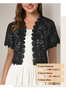 Women's Elegant Short Sleeve Lace Jacket, Perfect for Parties, Stylish Ladies' Outerwear, Comfortable and Chic Design, Womenswear