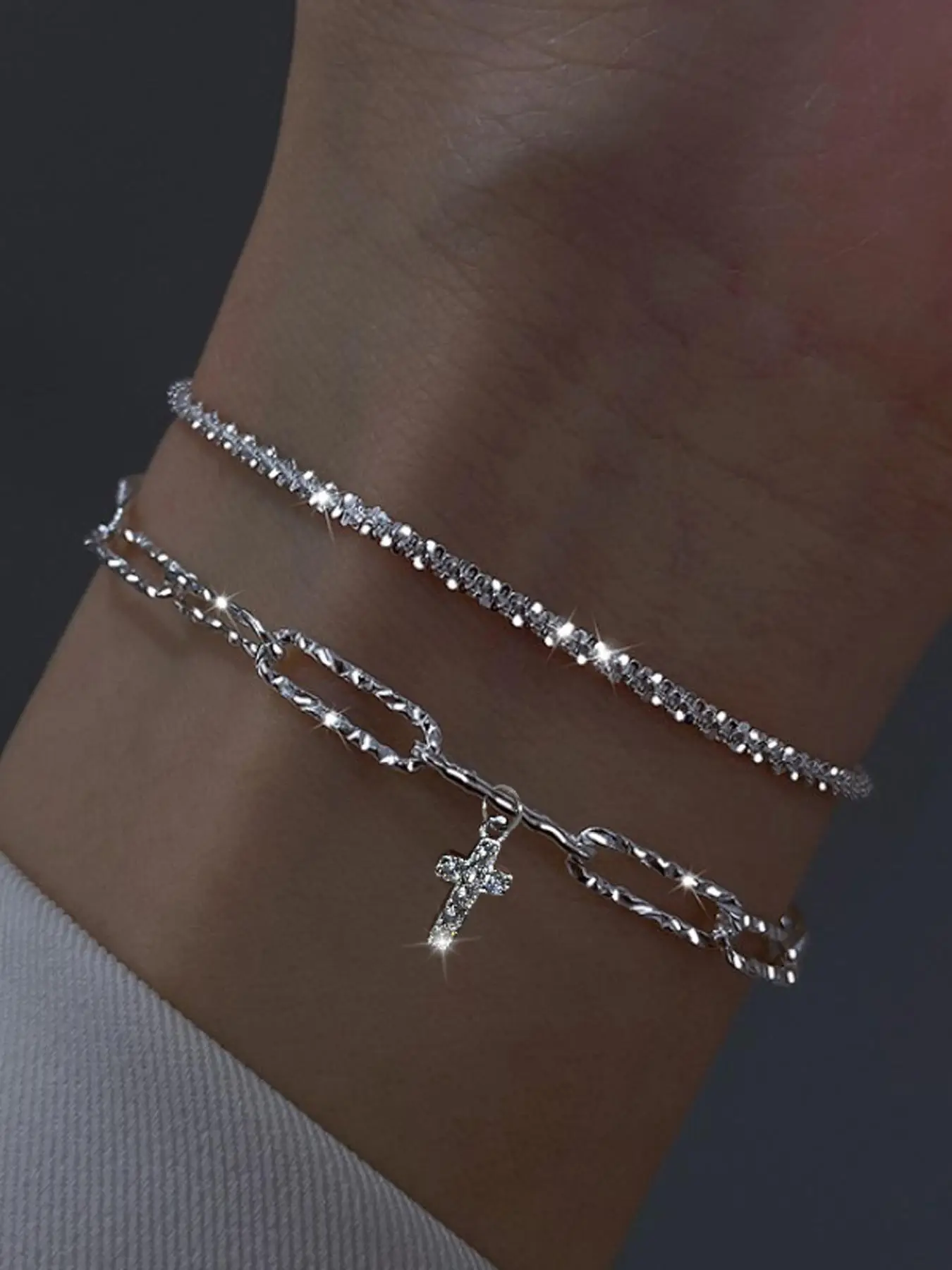 New Stylish Rhinestone Cross Charm Bracelet, Simple Bracelet, Women's Elegant Bracelet Set, Perfect Gift for Couples, Light Luxurious Jewelry for Part